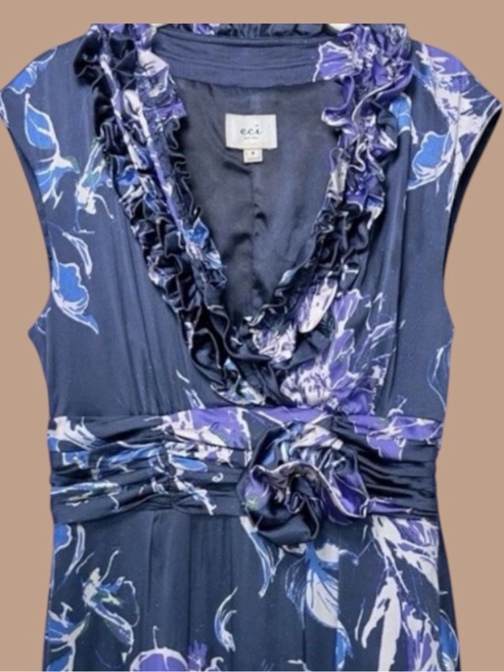 ECI NY Silk Satin Floral Rosette Dress 8 Midnight Blue Y2K Dark Fairy Whimsigoth - Picture 3 of 12